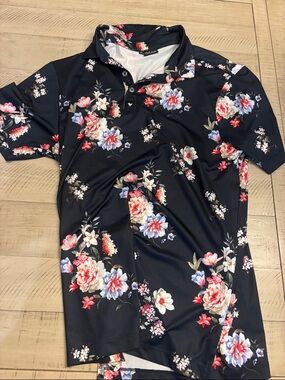 Bad Birdie men’s Black Floral Polo Shirt - Navy Background w/ Multicolor Flowers